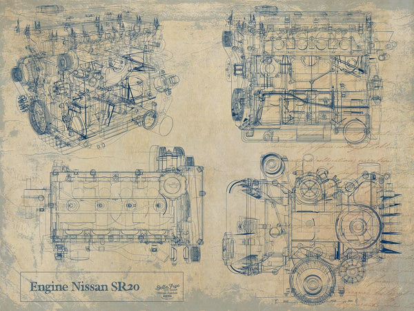 Bella Frye Vintage Engine SR20 Print,  Original Blueprint Canvas