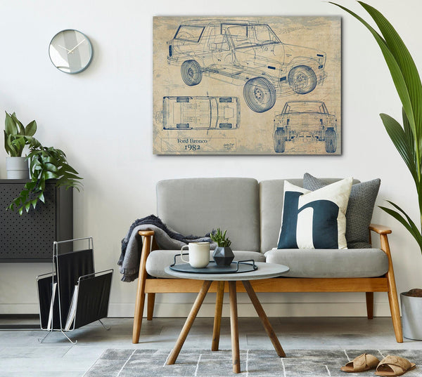 Bella Frye Vintage 1982 Ford Bronco Car Model Print,  Original Blueprint Canvas, Framed, or Unframed Art