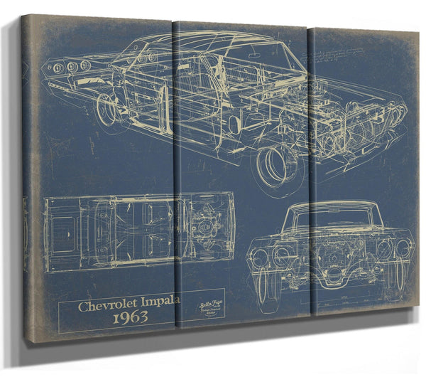 Bella Frye Vintage 1963 Chevrolet Impala Car Model Print,  Original Blueprint Canvas, Framed, or Unframed Art