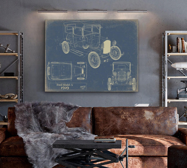 Bella Frye 1929 Ford Model A Car Model Print,  Original Blueprint Canvas, Framed, or Unframed Art