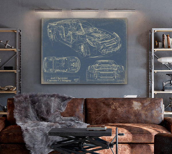 Bella Frye 2015 Corvette C7 Stingray Blueprint Art: Framed Canvas Print