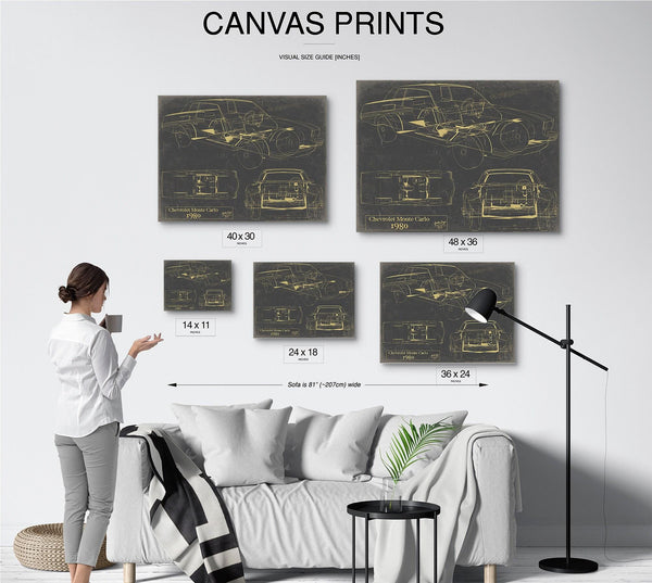 Bella Frye 1980 Chevrolet Monte Carlo Blueprint Art Print: Framed or Unframed Canvas