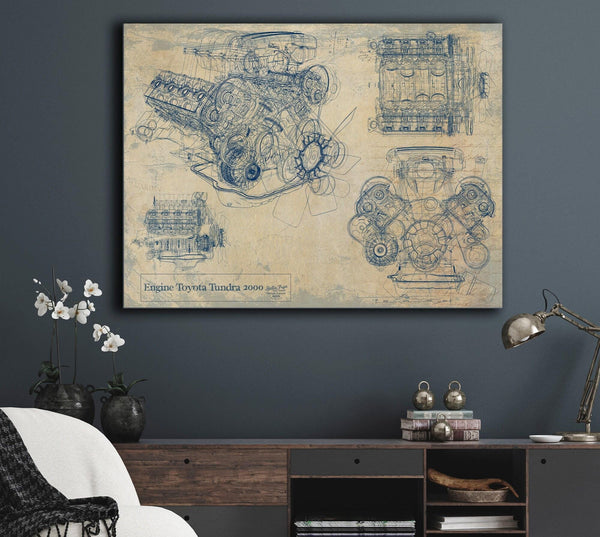 Bella Frye Vintage Engine Toyota Tundra 2000 Print,  Original Blueprint Canvas