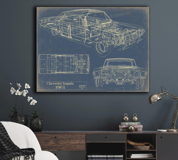Bella Frye Vintage 1963 Chevrolet Impala Car Model Print,  Original Blueprint Canvas, Framed, or Unframed Art