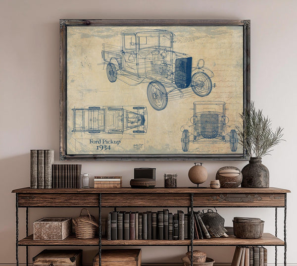 Bella Frye Vintage 1934 Ford Pickup Car Model Print,  Original Blueprint Canvas, Framed, or Unframed Art