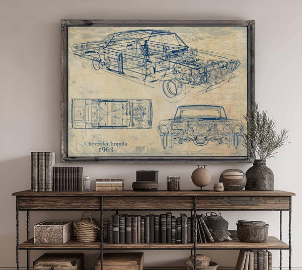 Bella Frye Vintage 1963 Chevrolet Impala Car Model Print,  Original Blueprint Canvas, Framed, or Unframed Art