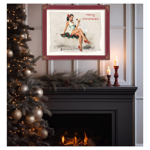 Bella Frye Vintage Christmas Pin-Up Art – Retro Martini Girl, Stretched Canvas or Ornate Frame