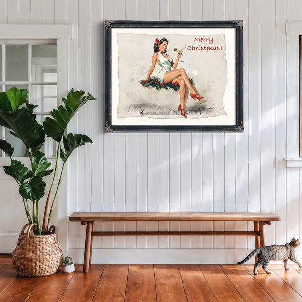 Bella Frye Vintage Christmas Pin-Up Art – Retro Martini Girl, Stretched Canvas or Ornate Frame