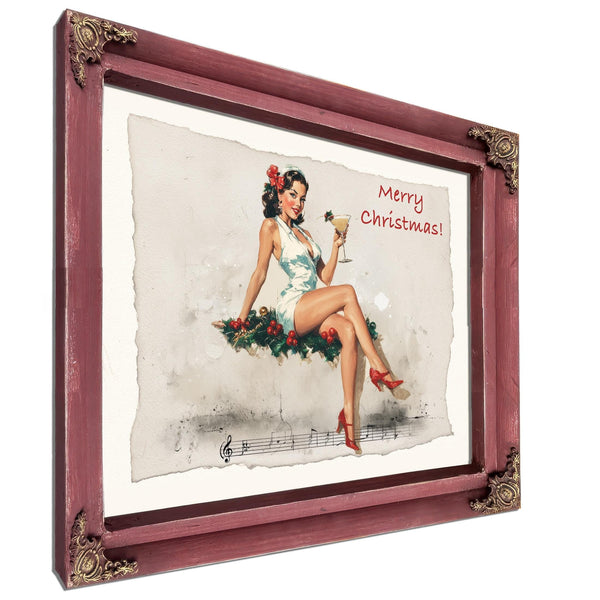 Bella Frye Vintage Christmas Pin-Up Art – Retro Martini Girl, Stretched Canvas or Ornate Frame