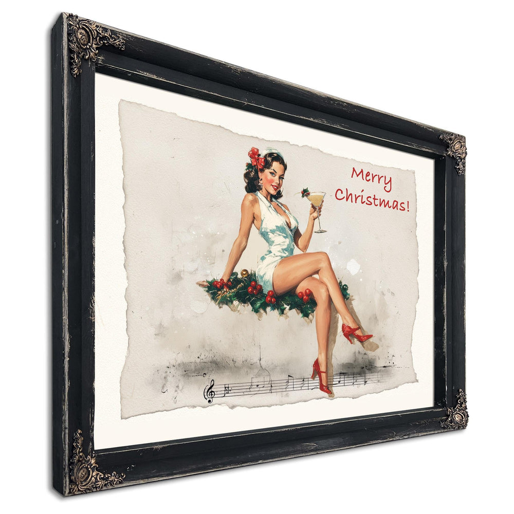 Bella Frye Vintage Christmas Pin-Up Art – Retro Martini Girl, Stretched Canvas or Ornate Frame