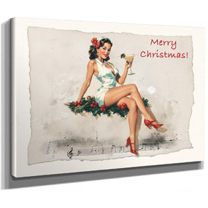 Bella Frye Vintage Christmas Pin-Up Art – Retro Martini Girl, Stretched Canvas or Ornate Frame