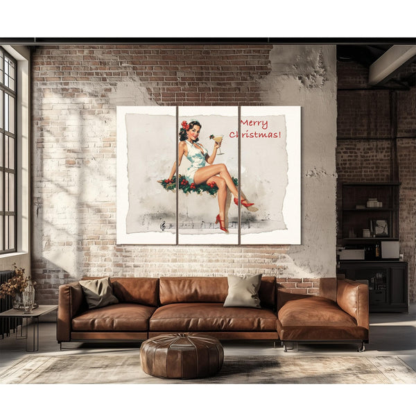 Bella Frye Vintage Christmas Pin-Up Art – Retro Martini Girl, Stretched Canvas or Ornate Frame