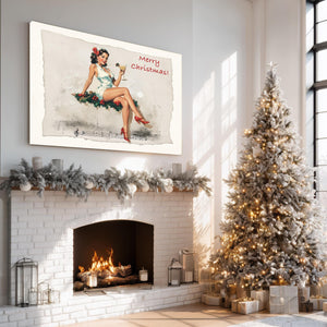 Bella Frye Vintage Christmas Pin-Up Art – Retro Martini Girl, Stretched Canvas or Ornate Frame