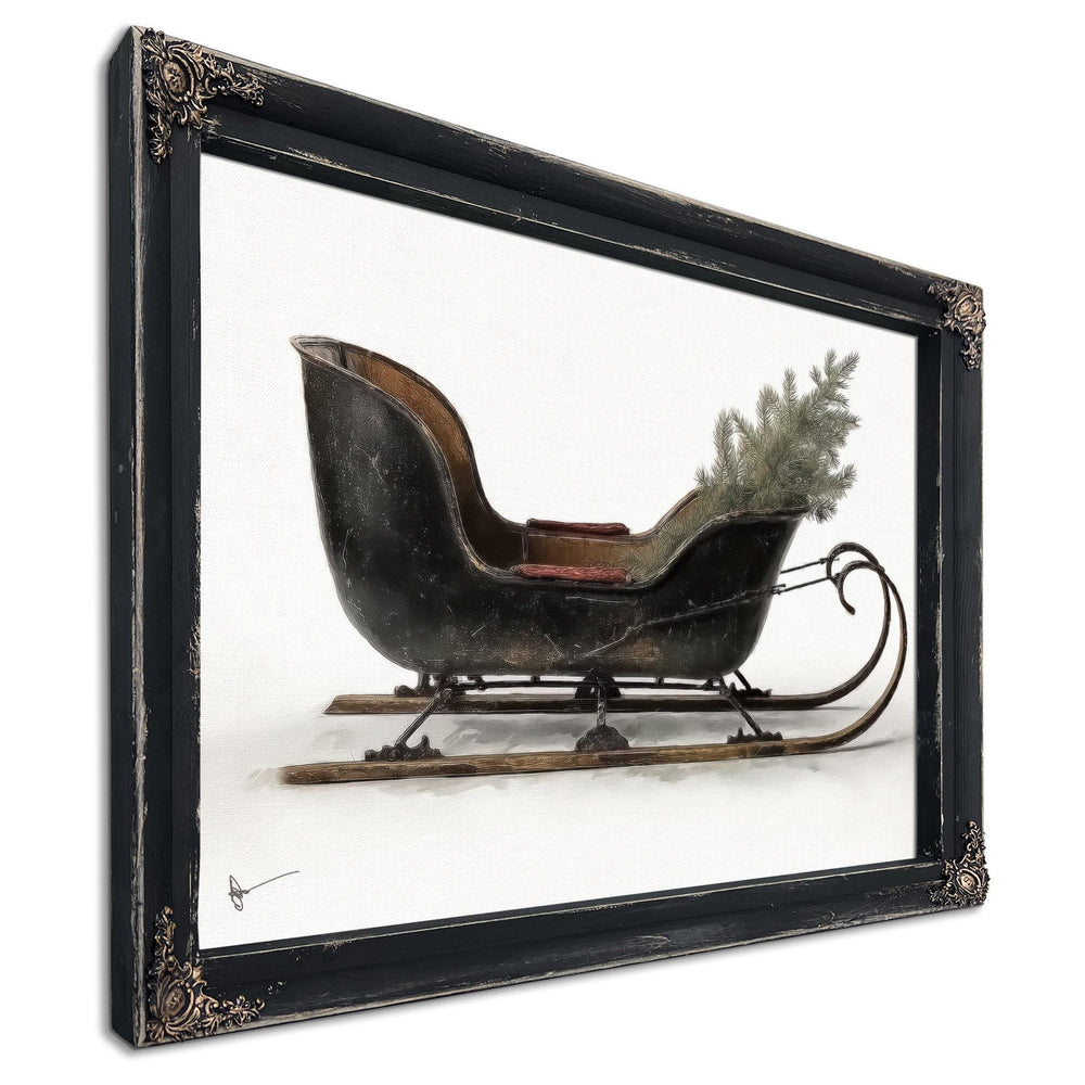 Bella Frye Vintage Black Sleigh Christmas Art – Rustic Farmhouse Winter Print