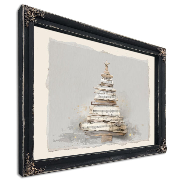 Bella Frye Watercolor Christmas Tree Art – Sheet Music Collage, Scandinavian Farmhouse Style