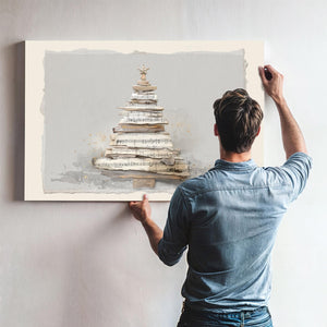 Bella Frye Watercolor Christmas Tree Art – Sheet Music Collage, Scandinavian Farmhouse Style