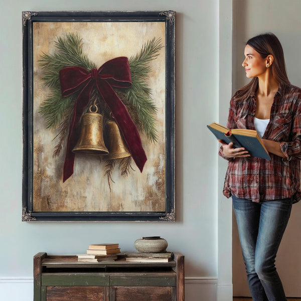 Bella Frye Vintage Christmas Bells Art – Red Velvet Bow, Black Ornate Frame