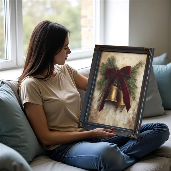 Bella Frye Vintage Christmas Bells Art – Red Velvet Bow, Black Ornate Frame