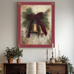 Bella Frye Vintage Christmas Bells Art – Red Velvet Bow, Black Ornate Frame
