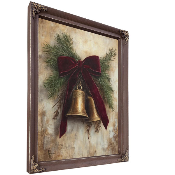 Bella Frye Vintage Christmas Bells Art – Red Velvet Bow, Black Ornate Frame