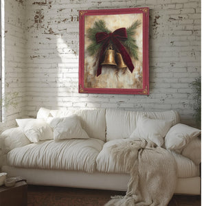 Bella Frye Vintage Christmas Bells Art – Red Velvet Bow, Black Ornate Frame