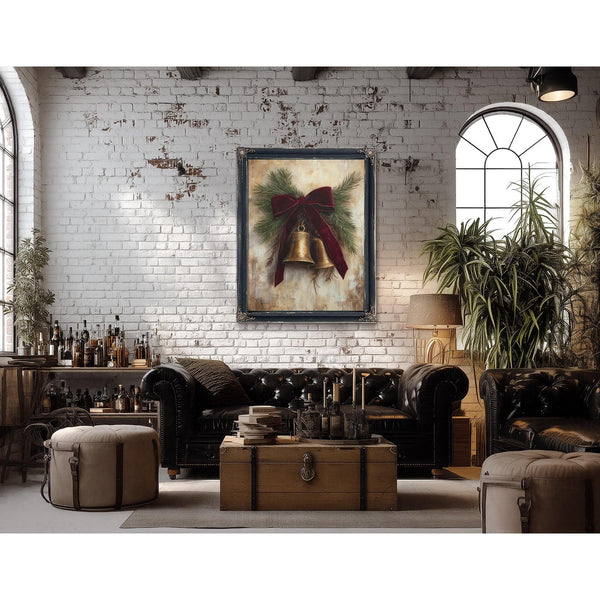 Bella Frye Vintage Christmas Bells Art – Red Velvet Bow, Black Ornate Frame