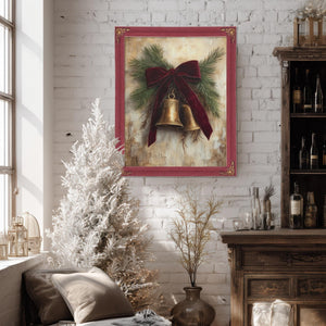 Bella Frye Vintage Christmas Bells Art – Red Velvet Bow, Black Ornate Frame