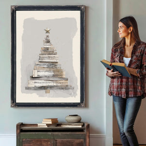 Bella Frye Neutral Sheet Music Christmas Tree – Minimalist Holiday Wall Art – Stretched Canvas or Ornate Frame, Rustic Modern Christmas Décor