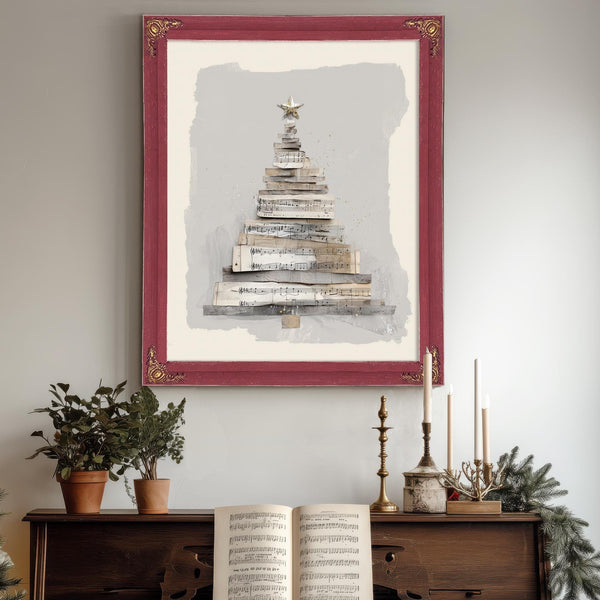 Bella Frye Neutral Sheet Music Christmas Tree – Minimalist Holiday Wall Art – Stretched Canvas or Ornate Frame, Rustic Modern Christmas Décor