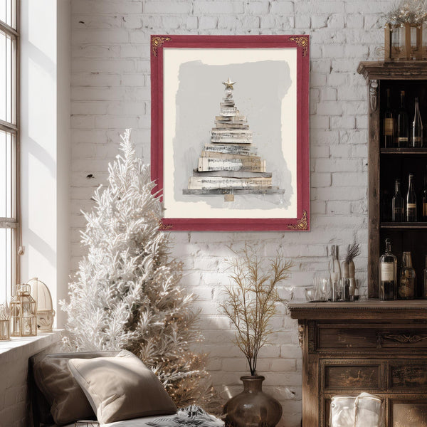 Bella Frye Neutral Sheet Music Christmas Tree – Minimalist Holiday Wall Art – Stretched Canvas or Ornate Frame, Rustic Modern Christmas Décor