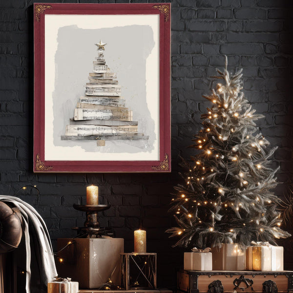 Bella Frye Neutral Sheet Music Christmas Tree – Minimalist Holiday Wall Art – Stretched Canvas or Ornate Frame, Rustic Modern Christmas Décor