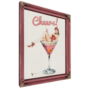 Bella Frye Retro Pin-Up “Cheers!” Martini Art – Vintage Cocktail Wall Decor – Stretched Canvas or Ornate Rose Frame, Bar & Lounge Artwork