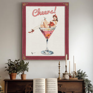 Bella Frye Retro Pin-Up “Cheers!” Martini Art – Vintage Cocktail Wall Decor – Stretched Canvas or Ornate Rose Frame, Bar & Lounge Artwork