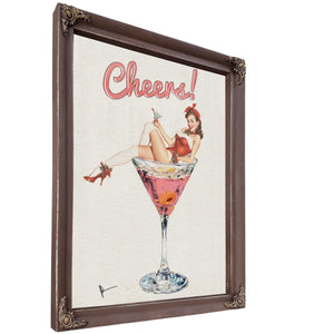 Bella Frye Retro Pin-Up “Cheers!” Martini Art – Vintage Cocktail Wall Decor – Stretched Canvas or Ornate Rose Frame, Bar & Lounge Artwork