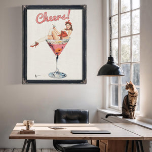 Bella Frye Retro Pin-Up “Cheers!” Martini Art – Vintage Cocktail Wall Decor – Stretched Canvas or Ornate Rose Frame, Bar & Lounge Artwork
