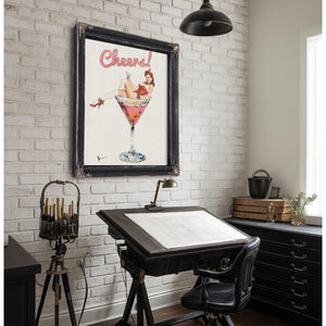 Bella Frye Retro Pin-Up “Cheers!” Martini Art – Vintage Cocktail Wall Decor – Stretched Canvas or Ornate Rose Frame, Bar & Lounge Artwork