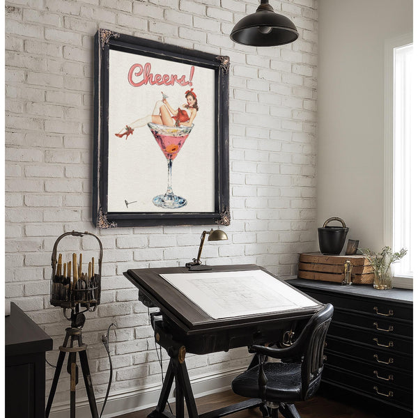 Bella Frye Retro Pin-Up “Cheers!” Martini Art – Vintage Cocktail Wall Decor – Stretched Canvas or Ornate Rose Frame, Bar & Lounge Artwork