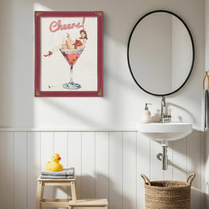 Bella Frye Retro Pin-Up “Cheers!” Martini Art – Vintage Cocktail Wall Decor – Stretched Canvas or Ornate Rose Frame, Bar & Lounge Artwork
