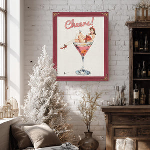 Bella Frye Retro Pin-Up “Cheers!” Martini Art – Vintage Cocktail Wall Decor – Stretched Canvas or Ornate Rose Frame, Bar & Lounge Artwork