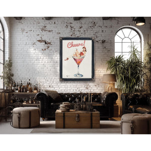 Bella Frye Retro Pin-Up “Cheers!” Martini Art – Vintage Cocktail Wall Decor – Stretched Canvas or Ornate Rose Frame, Bar & Lounge Artwork