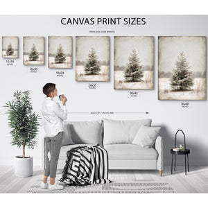 Bella Frye Lone Christmas Tree in Snow – Vintage Winter Wall Art with Red Ornaments – Stretched Canvas or Ornate Frame, Farmhouse Christmas Décor