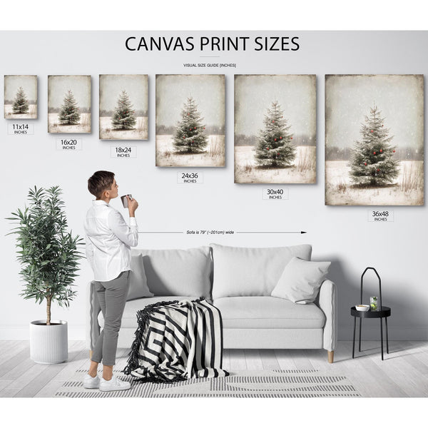 Bella Frye Lone Christmas Tree in Snow – Vintage Winter Wall Art with Red Ornaments – Stretched Canvas or Ornate Frame, Farmhouse Christmas Décor
