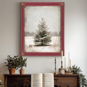 Bella Frye Lone Christmas Tree in Snow – Vintage Winter Wall Art with Red Ornaments – Stretched Canvas or Ornate Frame, Farmhouse Christmas Décor