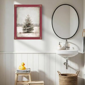 Bella Frye Lone Christmas Tree in Snow – Vintage Winter Wall Art with Red Ornaments – Stretched Canvas or Ornate Frame, Farmhouse Christmas Décor