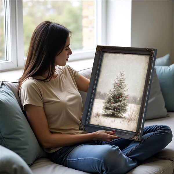 Bella Frye Lone Christmas Tree in Snow – Vintage Winter Wall Art with Red Ornaments – Stretched Canvas or Ornate Frame, Farmhouse Christmas Décor
