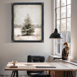 Bella Frye Lone Christmas Tree in Snow – Vintage Winter Wall Art with Red Ornaments – Stretched Canvas or Ornate Frame, Farmhouse Christmas Décor