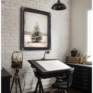 Bella Frye Lone Christmas Tree in Snow – Vintage Winter Wall Art with Red Ornaments – Stretched Canvas or Ornate Frame, Farmhouse Christmas Décor