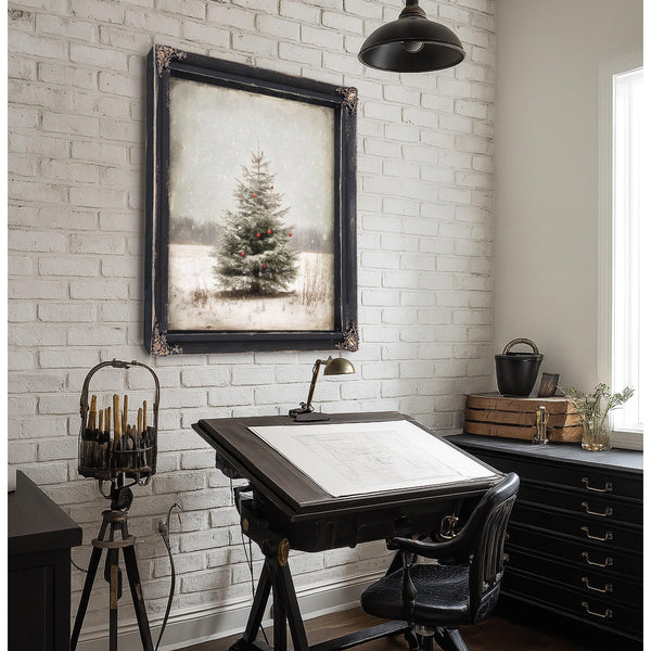 Bella Frye Lone Christmas Tree in Snow – Vintage Winter Wall Art with Red Ornaments – Stretched Canvas or Ornate Frame, Farmhouse Christmas Décor