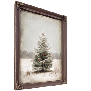 Bella Frye Lone Christmas Tree in Snow – Vintage Winter Wall Art with Red Ornaments – Stretched Canvas or Ornate Frame, Farmhouse Christmas Décor