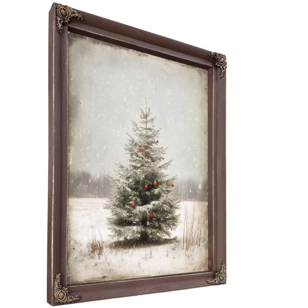 Bella Frye Lone Christmas Tree in Snow – Vintage Winter Wall Art with Red Ornaments – Stretched Canvas or Ornate Frame, Farmhouse Christmas Décor
